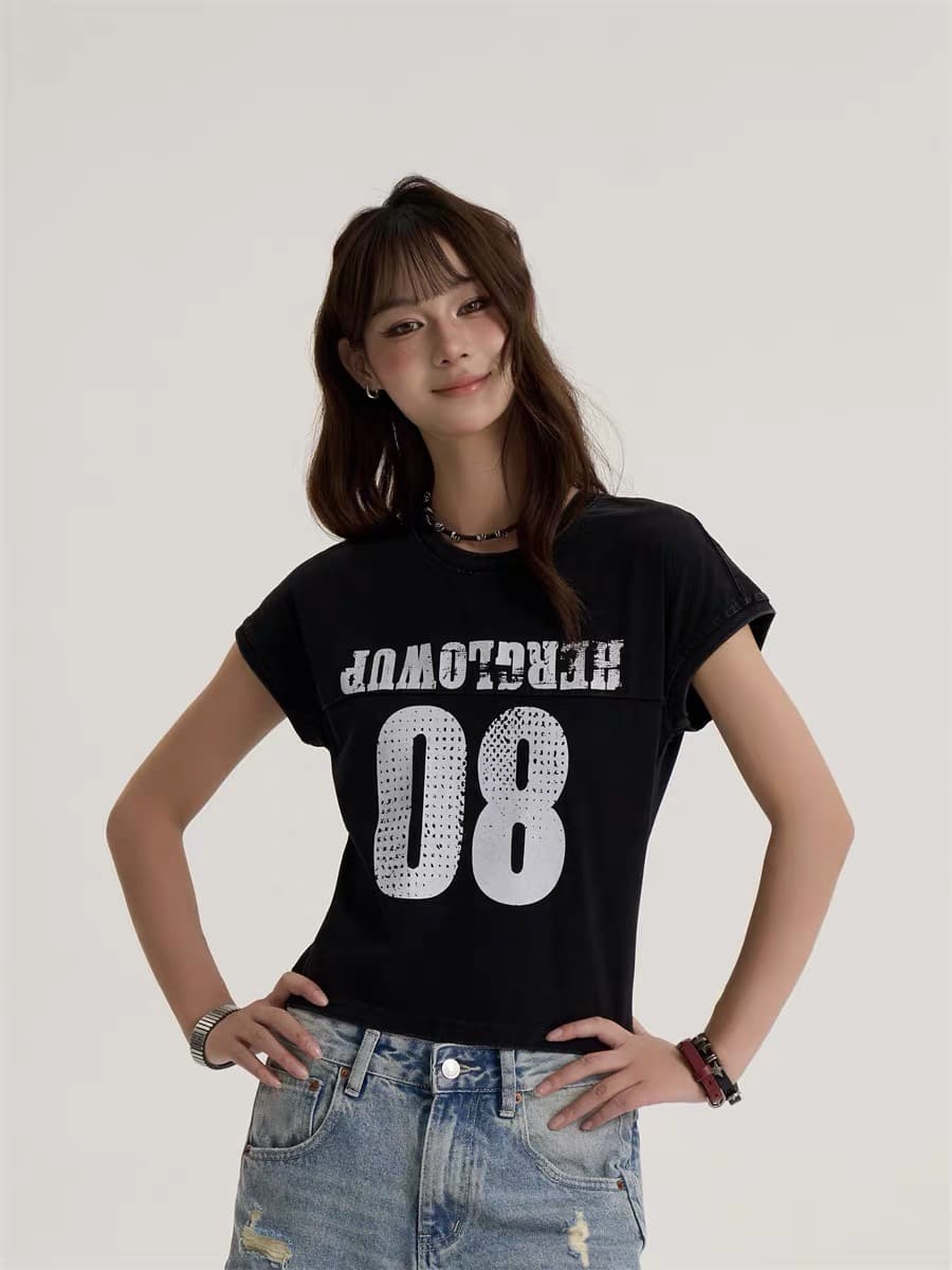 아메리칸 레트로 워싱 균열 쇼트 스타일 티셔츠 여성 여름 새로운 루즈핏 캐주얼 다용도 반팔 맨위 상세 이미지 4
