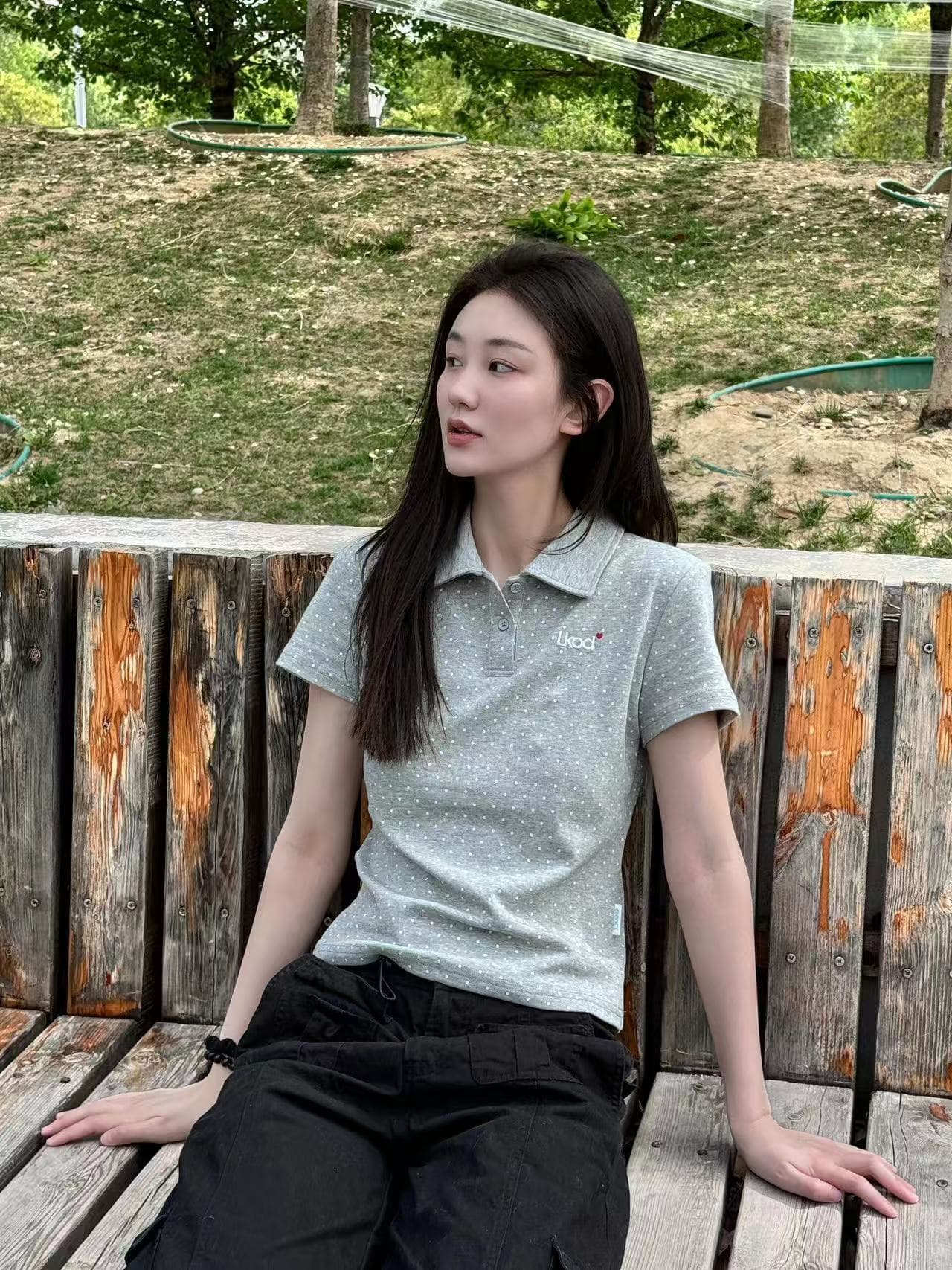 아메리칸 레트로 POLO 셔츠 전체 인쇄 도트 무늬 반팔 티셔츠 여성 여름 몸매 가꾸기 슬림해 보이는 운동 미니멀리즘 긍정적 인 어깨 의류 상세 이미지 3