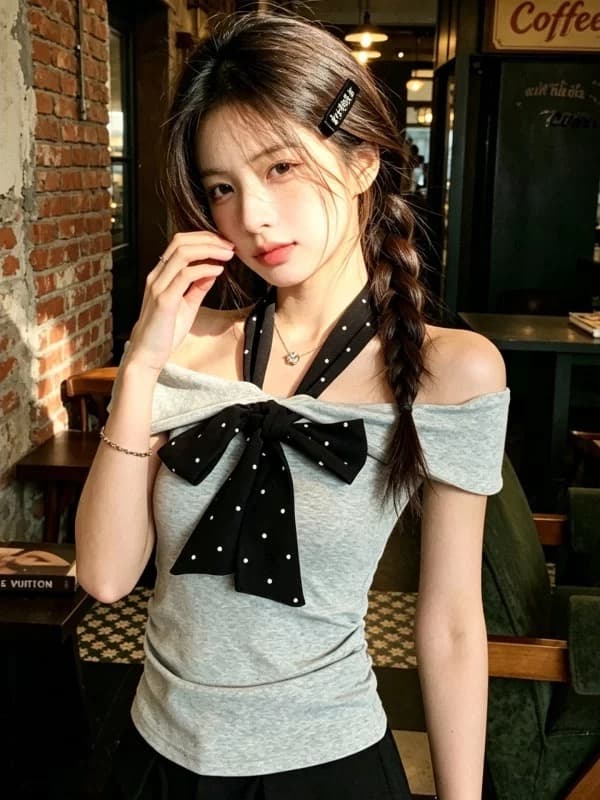 한 부서 순수한 욕망 회색 도트 무늬 리본 오프숄더 반팔 티셔츠 여성 여름 핫걸 오프숄더 몸매 가꾸기 쇼트 스타일 맨위