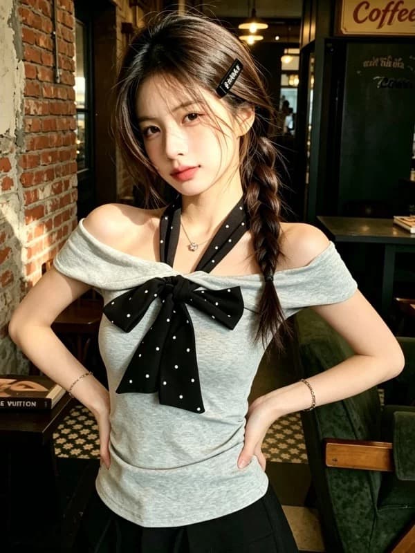 한 부서 순수한 욕망 회색 도트 무늬 리본 오프숄더 반팔 티셔츠 여성 여름 핫걸 오프숄더 몸매 가꾸기 쇼트 스타일 맨위 이미지 3