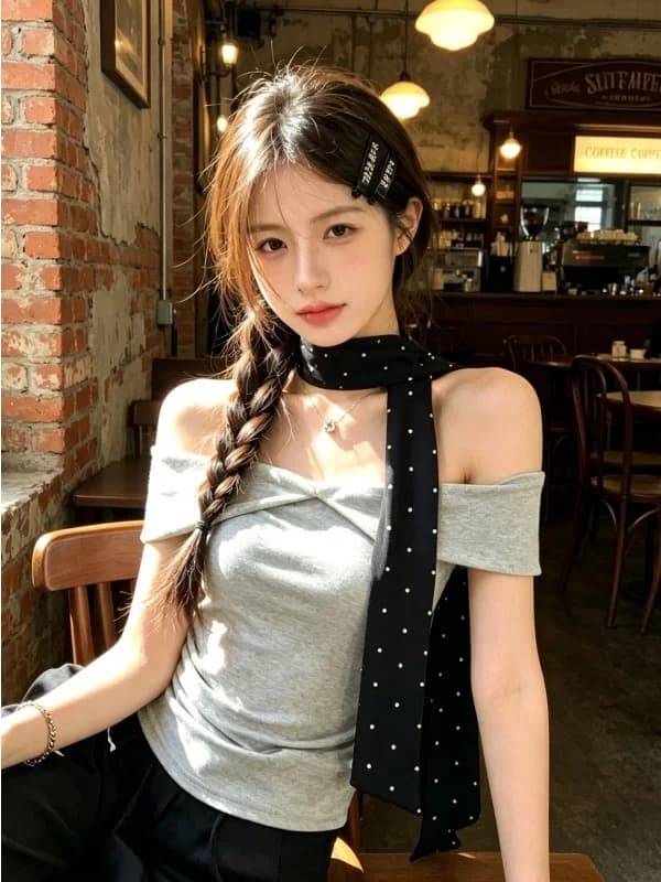 한 부서 순수한 욕망 회색 도트 무늬 리본 오프숄더 반팔 티셔츠 여성 여름 핫걸 오프숄더 몸매 가꾸기 쇼트 스타일 맨위 상세 이미지 2