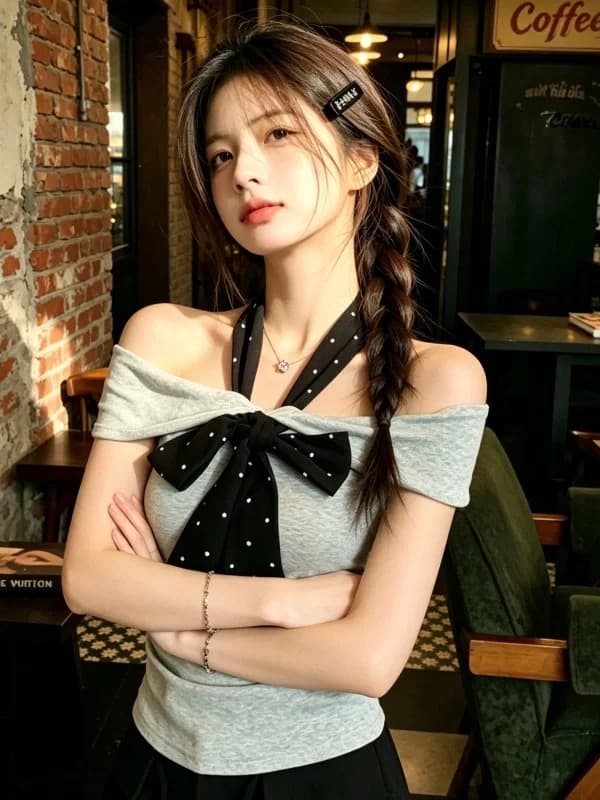 한 부서 순수한 욕망 회색 도트 무늬 리본 오프숄더 반팔 티셔츠 여성 여름 핫걸 오프숄더 몸매 가꾸기 쇼트 스타일 맨위 상세 이미지 4