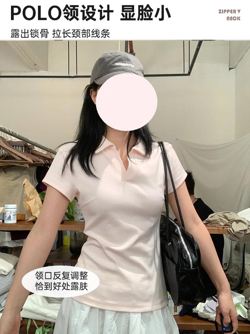 핑크색 긍정적 인 어깨 POLO 셔츠 jk 반팔 여성 티셔츠 여름 운동 폴로 칼라 꼬집기 허리 위로 의류 몸매 가꾸기 한 부서 학원 스타일 상세 이미지 1