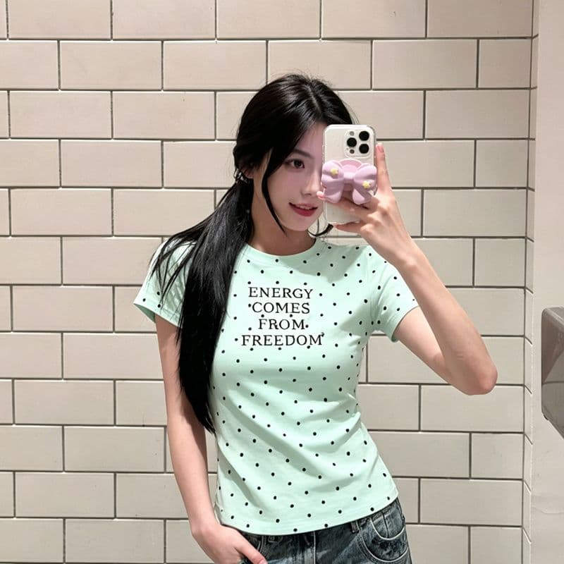 아메리칸 긍정적 인 어깨 도트 무늬 박하 녹색 도파민 여름 반팔 티셔츠 여성 몸매 가꾸기 슬림해 보이는 디자인 센스 프린트 맨위 이미지 2