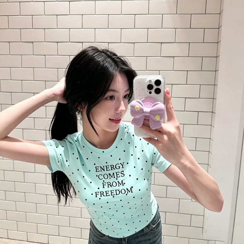 아메리칸 긍정적 인 어깨 도트 무늬 박하 녹색 도파민 여름 반팔 티셔츠 여성 몸매 가꾸기 슬림해 보이는 디자인 센스 프린트 맨위 이미지 4
