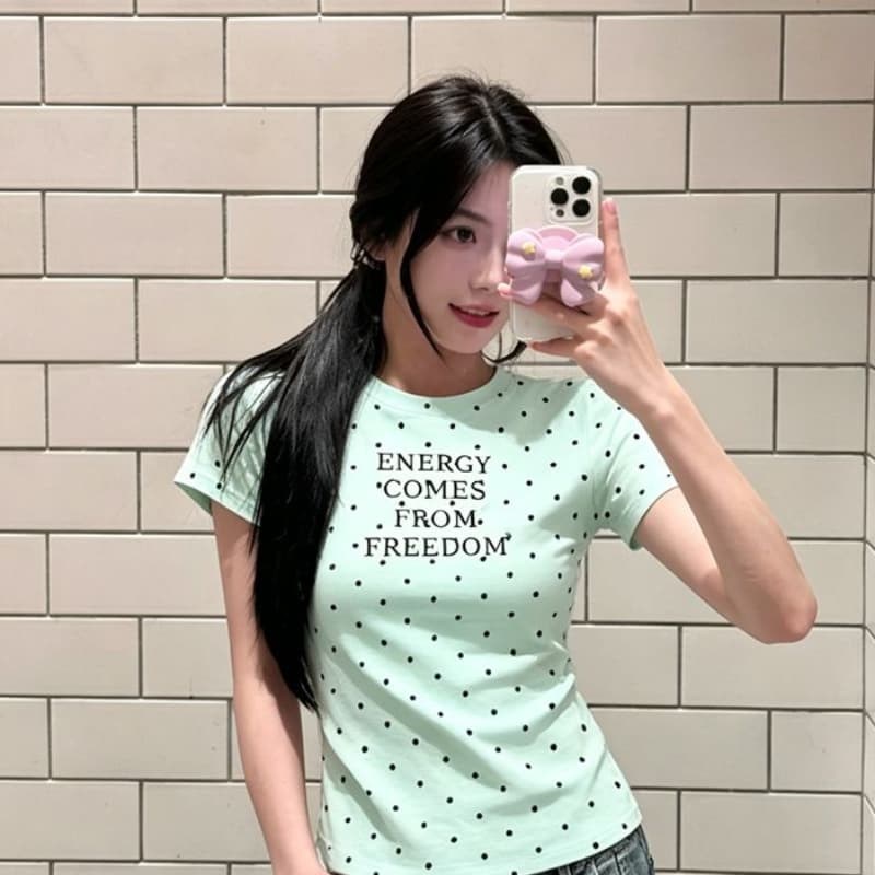 아메리칸 긍정적 인 어깨 도트 무늬 박하 녹색 도파민 여름 반팔 티셔츠 여성 몸매 가꾸기 슬림해 보이는 디자인 센스 프린트 맨위 상세 이미지 1