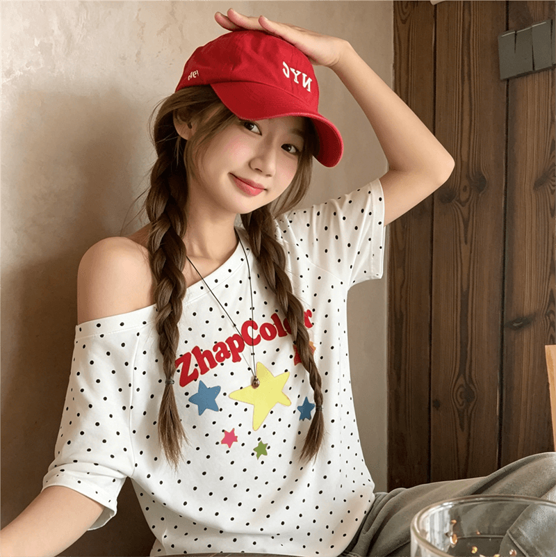 보트넥 도트 무늬 루즈핏 반팔 티셔츠 여성 여름 새로운 숄더백 오프숄더 맨위 비스듬한 어깨 트렌드 다용도 이미지 4