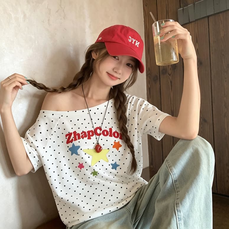보트넥 도트 무늬 루즈핏 반팔 티셔츠 여성 여름 새로운 숄더백 오프숄더 맨위 비스듬한 어깨 트렌드 다용도 상세 이미지 3