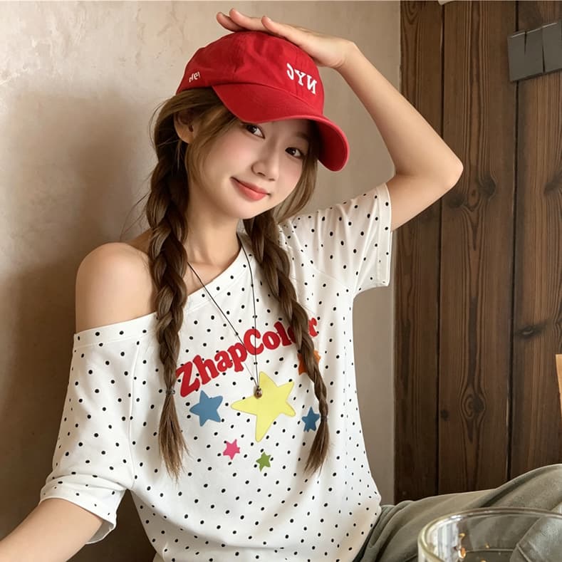 보트넥 도트 무늬 루즈핏 반팔 티셔츠 여성 여름 새로운 숄더백 오프숄더 맨위 비스듬한 어깨 트렌드 다용도 상세 이미지 4