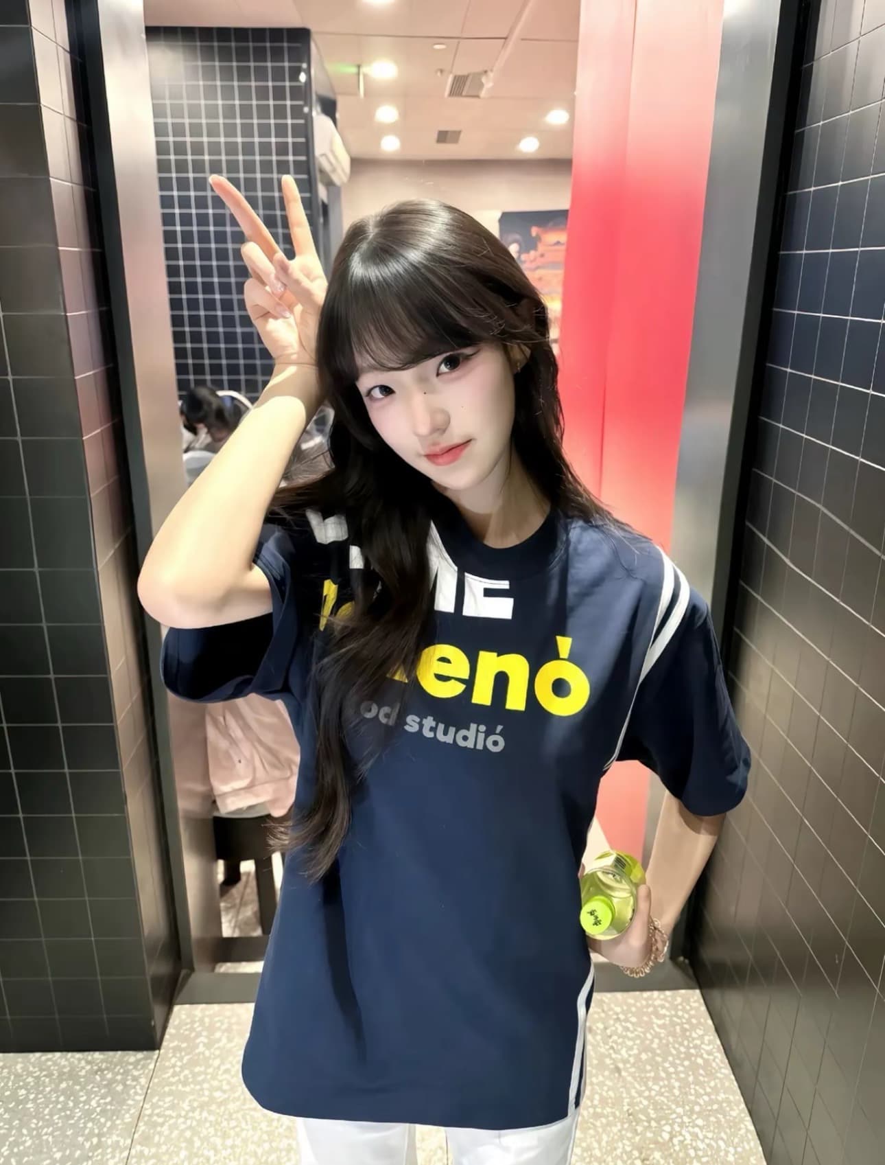 아메리칸 높음 거리 스트라이프 배색 측면 어깨 알파벳 반팔 티셔츠 여성 여름 새로운 조수 브랜드 디자인 센스 해군 맨위 상세 이미지 3