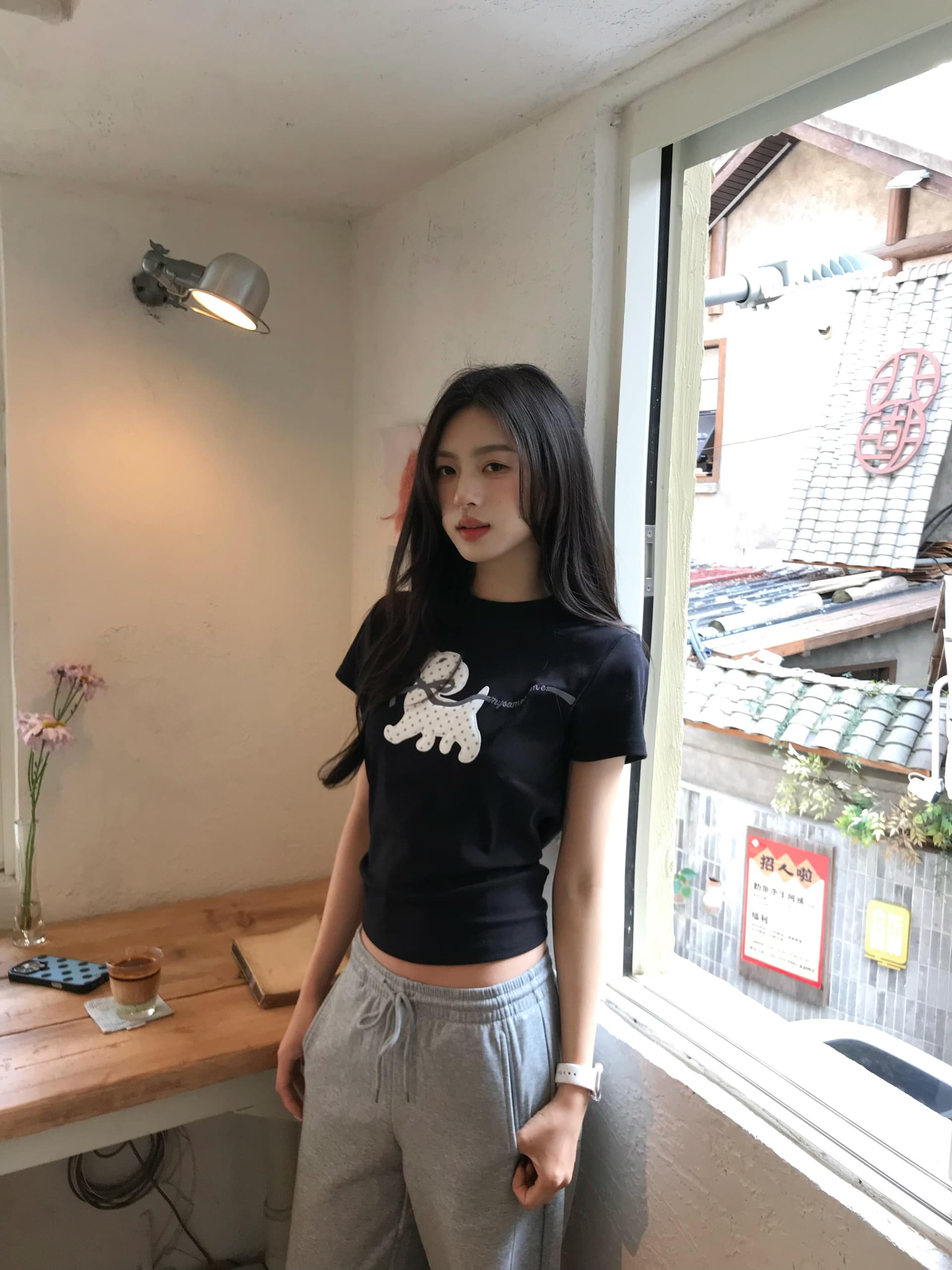 한 부서 달콤함 도트 무늬 강아지 나비 매듭 자수 반팔 티셔츠 여성 여름 새로운 몸매 가꾸기 슬림해 보이는 다용도 맨위