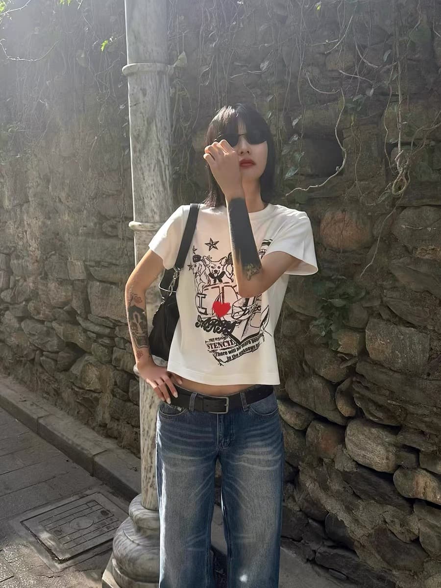 아메리칸 레트로 해적 강아지 프린트 긍정적 인 어깨 반팔 여름 tee 캐주얼 다용도 슬림해 보이는 맨위 여성 상세 이미지 4