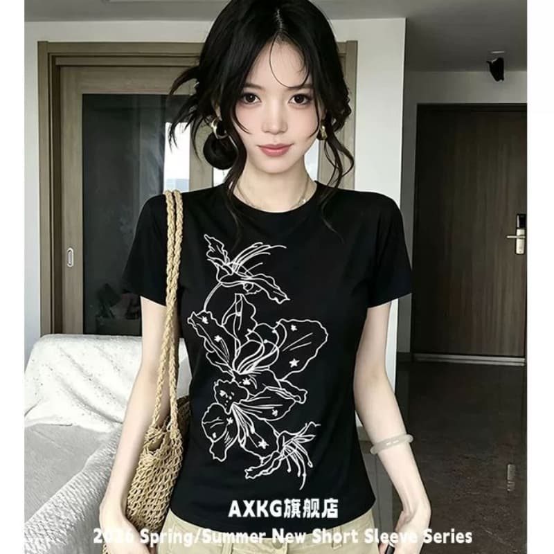 검정색 핫걸 바람 프린트 반팔 티셔츠 여성 여름 새로운 작은 대중 몸매 가꾸기 슬림해 보이는 라운드 넥 캐주얼 다용도 맨위 상세 이미지 1