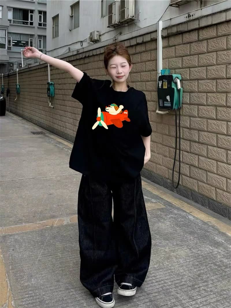 아메리칸 순면 검정색 강아지 반팔 티셔츠 여성 여름 2026 새로운 학생 루즈핏 디자인 센스 작은 대중 맨위 서비스 이미지 3