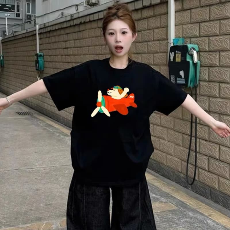 아메리칸 순면 검정색 강아지 반팔 티셔츠 여성 여름 2026 새로운 학생 루즈핏 디자인 센스 작은 대중 맨위 서비스 상세 이미지 1