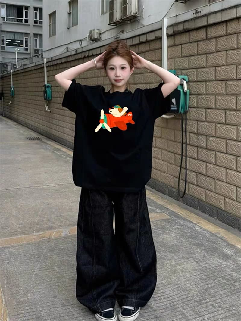 아메리칸 순면 검정색 강아지 반팔 티셔츠 여성 여름 2026 새로운 학생 루즈핏 디자인 센스 작은 대중 맨위 서비스 상세 이미지 3