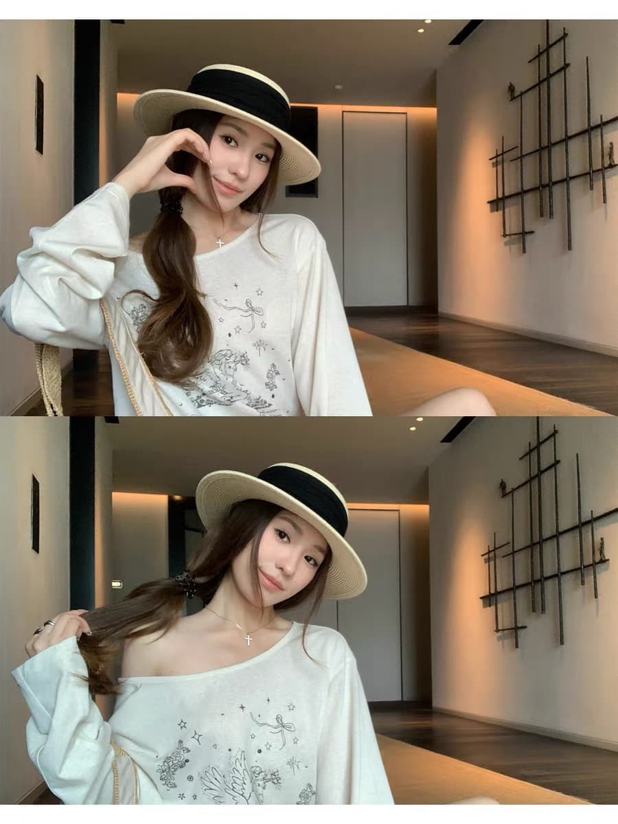 레트로 프린트 비스듬한 어깨 긴팔 티셔츠 여성 여름 루즈핏 다용도 자외선 차단 블라우스 맨위 이미지 2