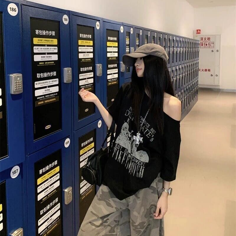 2026 여름 아메리칸 레트로 프린트 비스듬한 어깨 반팔 티셔츠 여성 루즈핏 캐주얼 오프숄더 맨위 이미지 5