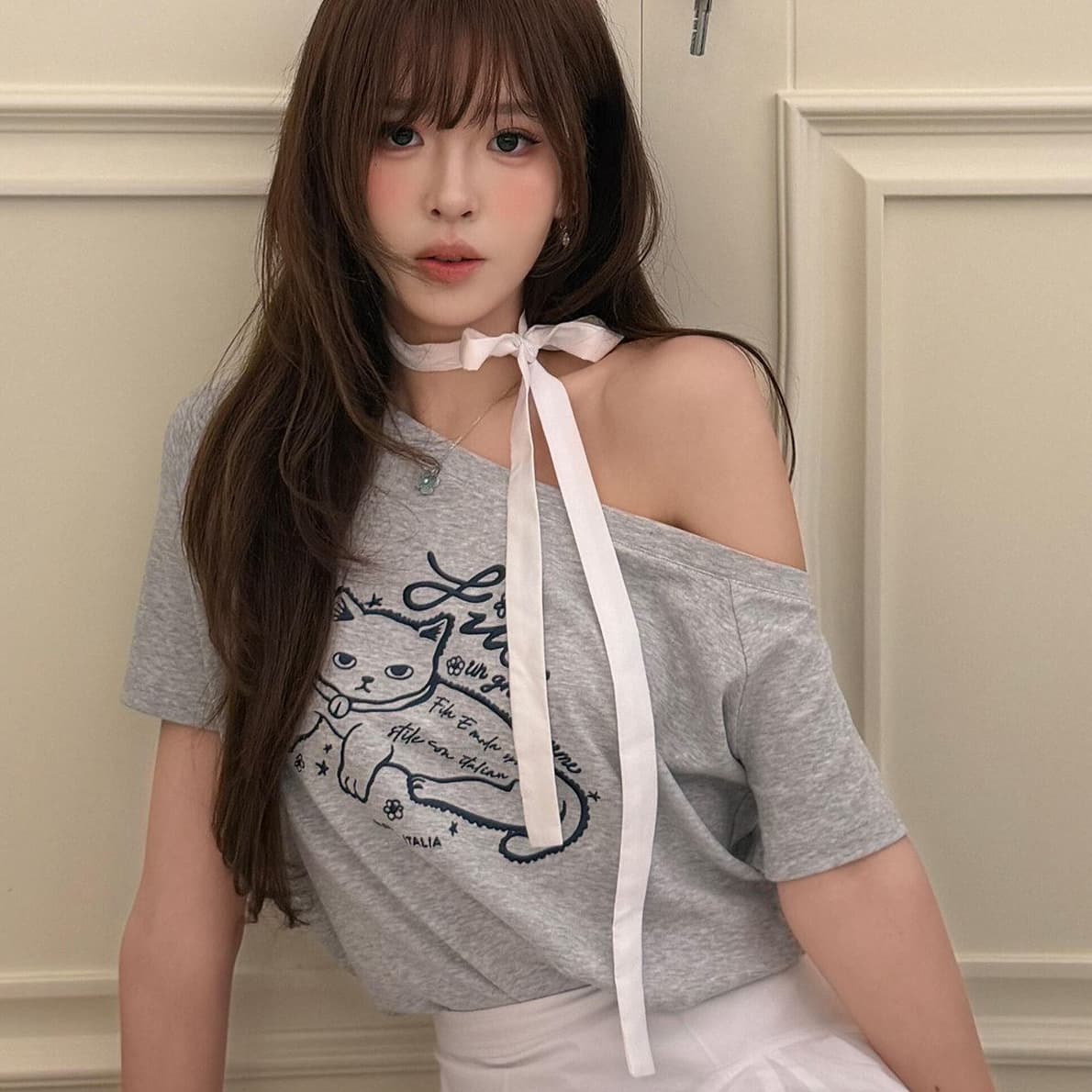 아메리칸 레트로 새끼 고양이 프린트 비스듬한 어깨 반팔 티셔츠 여성 여름 루즈핏 캐주얼 다용도 보트넥 순면 맨위 상세 이미지 1