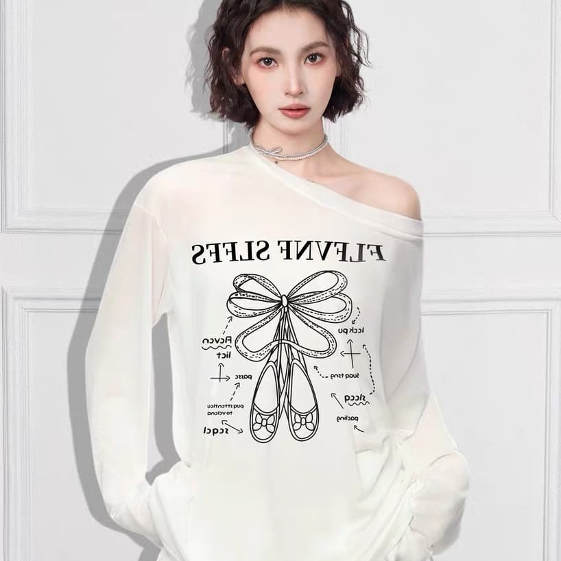 화이트 비스듬한 어깨 오프숄더 긴팔 자외선 차단 블라우스 맨위 여성 여름 얇은 스타일 루즈핏 느긋한 얼음 실크 오프숄더 티셔츠 상세 이미지 1