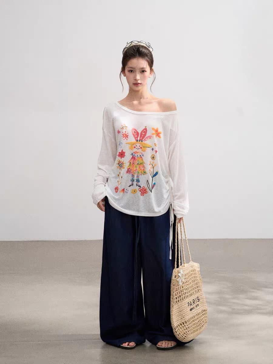 화이트 비스듬한 어깨 오프숄더 얇은 스타일 긴팔 자외선 차단 블라우스 여성 여름 루즈핏 Tulle 슬립 외부 잡아라. 의류 이미지 2