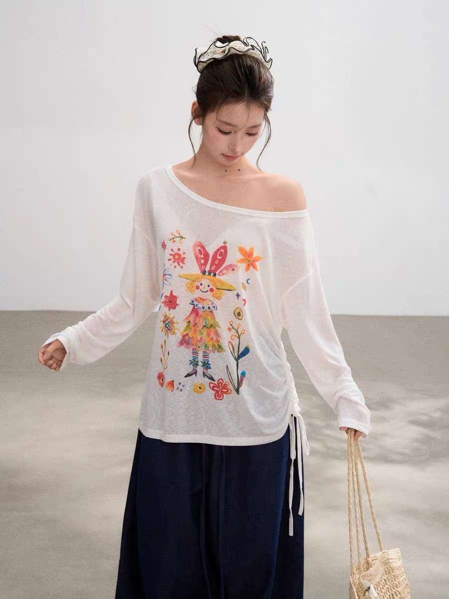 화이트 비스듬한 어깨 오프숄더 얇은 스타일 긴팔 자외선 차단 블라우스 여성 여름 루즈핏 Tulle 슬립 외부 잡아라. 의류 상세 이미지 2