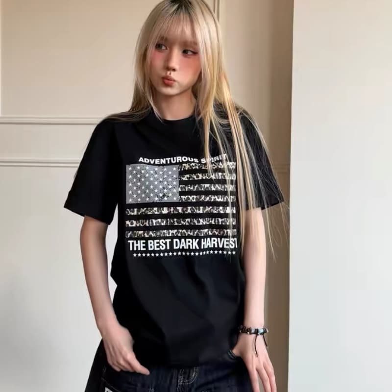 아메리칸 레트로 루즈핏 핏 스타일 산스크리트어 알파벳 프린트 반팔 남녀 여름 커플 티셔츠 상세 이미지 1