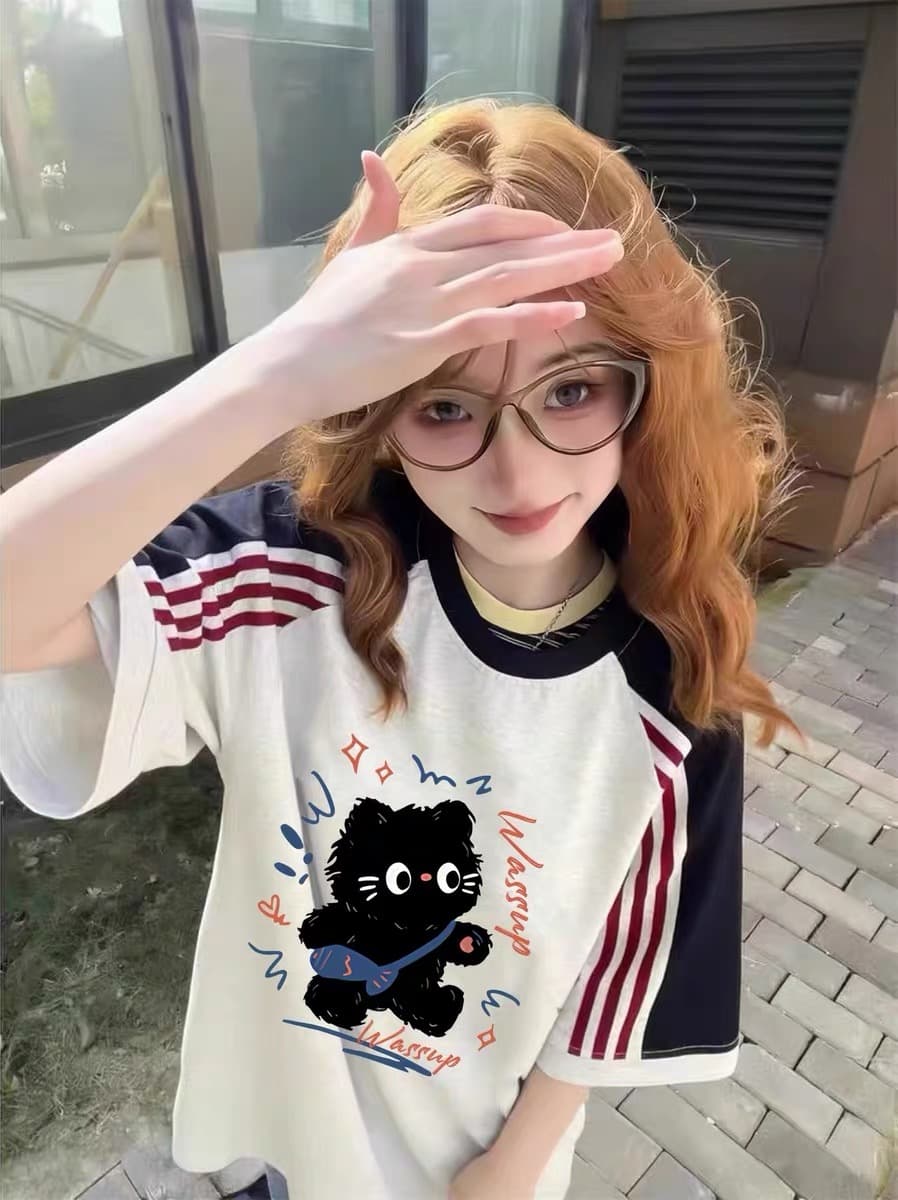아메리칸 레트로 순면 3개 바 배색 반팔 티셔츠 여성 2026 년 루즈핏 맨위 이미지 3