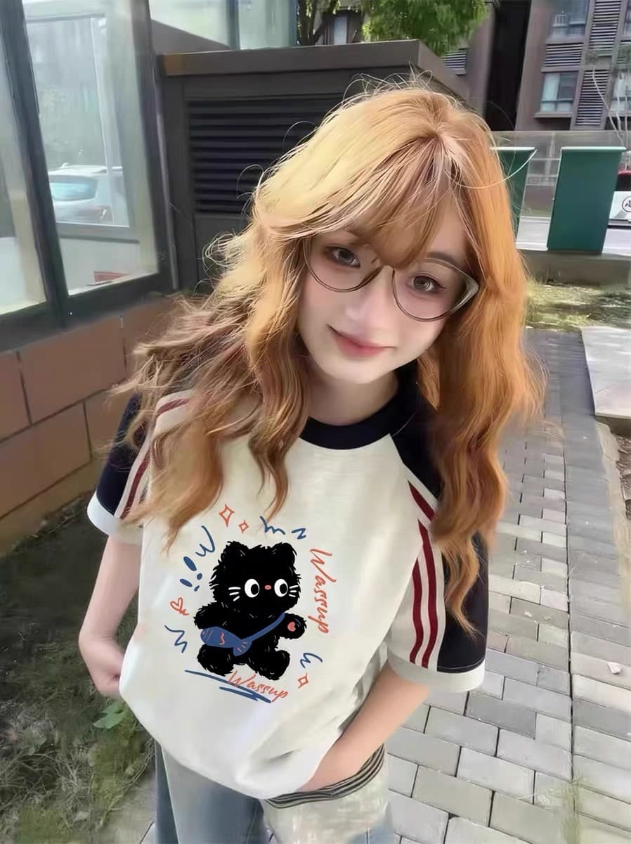아메리칸 레트로 순면 3개 바 배색 반팔 티셔츠 여성 2026 년 루즈핏 맨위 이미지 4