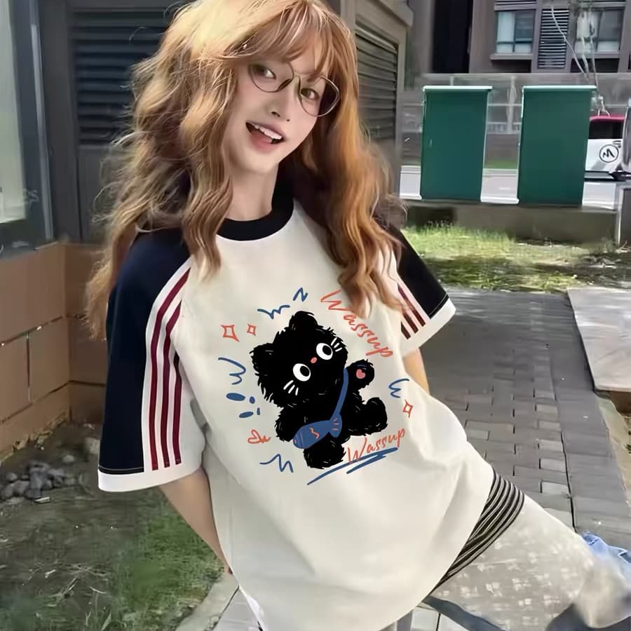 아메리칸 레트로 순면 3개 바 배색 반팔 티셔츠 여성 2026 년 루즈핏 맨위 상세 이미지 1