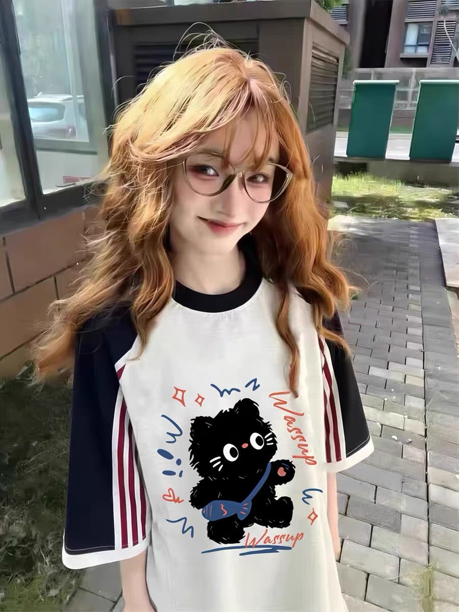 아메리칸 레트로 순면 3개 바 배색 반팔 티셔츠 여성 2026 년 루즈핏 맨위 상세 이미지 4