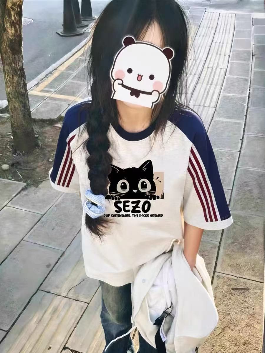 고유 한 아름다운 자이언트 잘 생긴 배색 3개 바 반팔 티셔츠 여성 여름 2026 루즈핏 한 부서 커플 반소매 맨위 상세 이미지 3