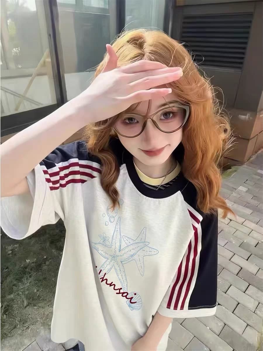 아메리칸 높음 거리 조수 브랜드 삽입 어깨 반팔 티셔츠 여성 여름 작은 대중 디자인 센스 루즈핏 한 부서 학원 스타일 반소매 맨위 상세 이미지 5