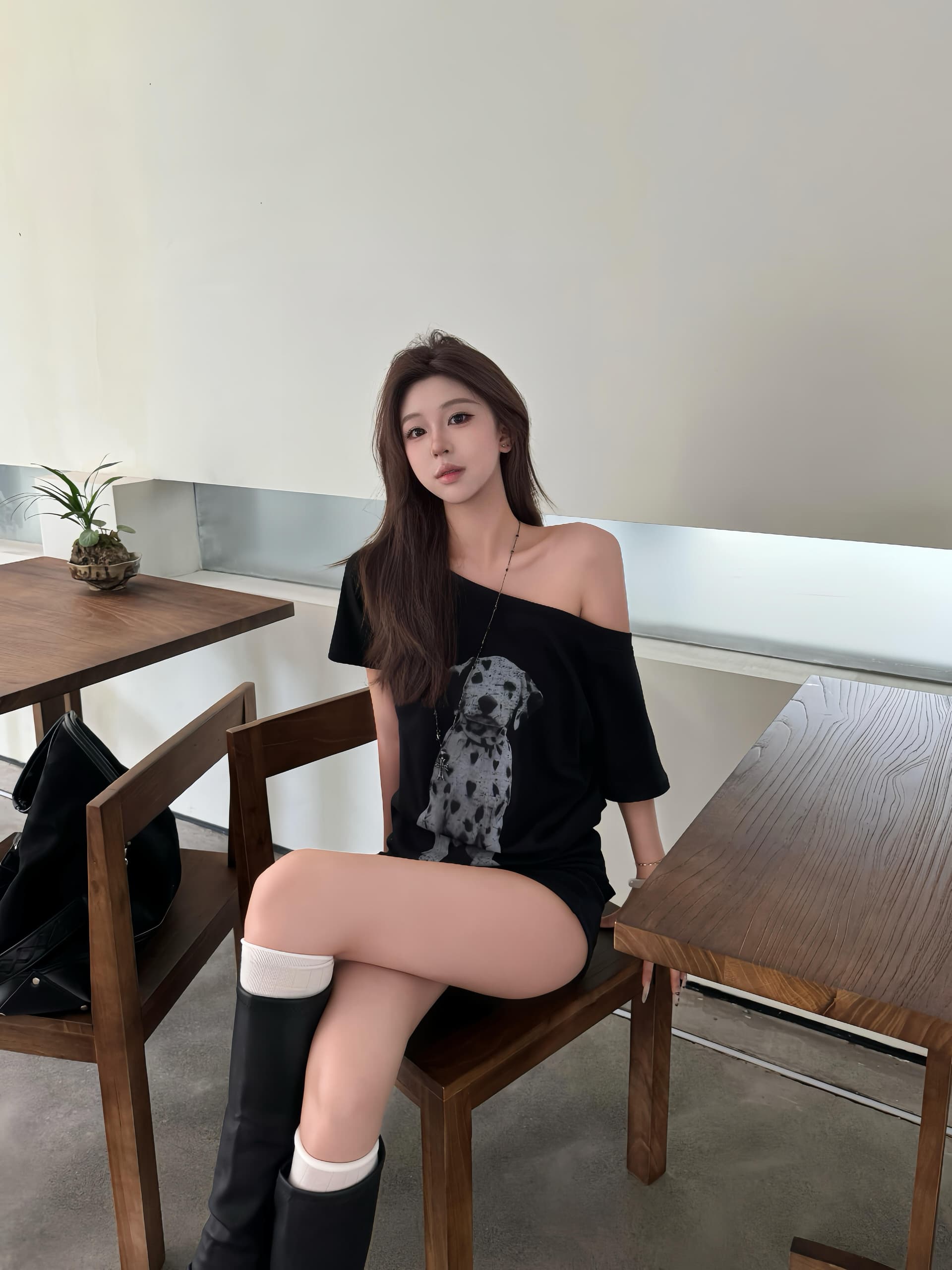 레트로 스팟 강아지 프린트 비스듬한 어깨 티셔츠 여성 핫걸 루즈핏 슬림해 보이는 반팔 검정색 아메리칸 오프숄더 맨위 여름 상세 이미지 1