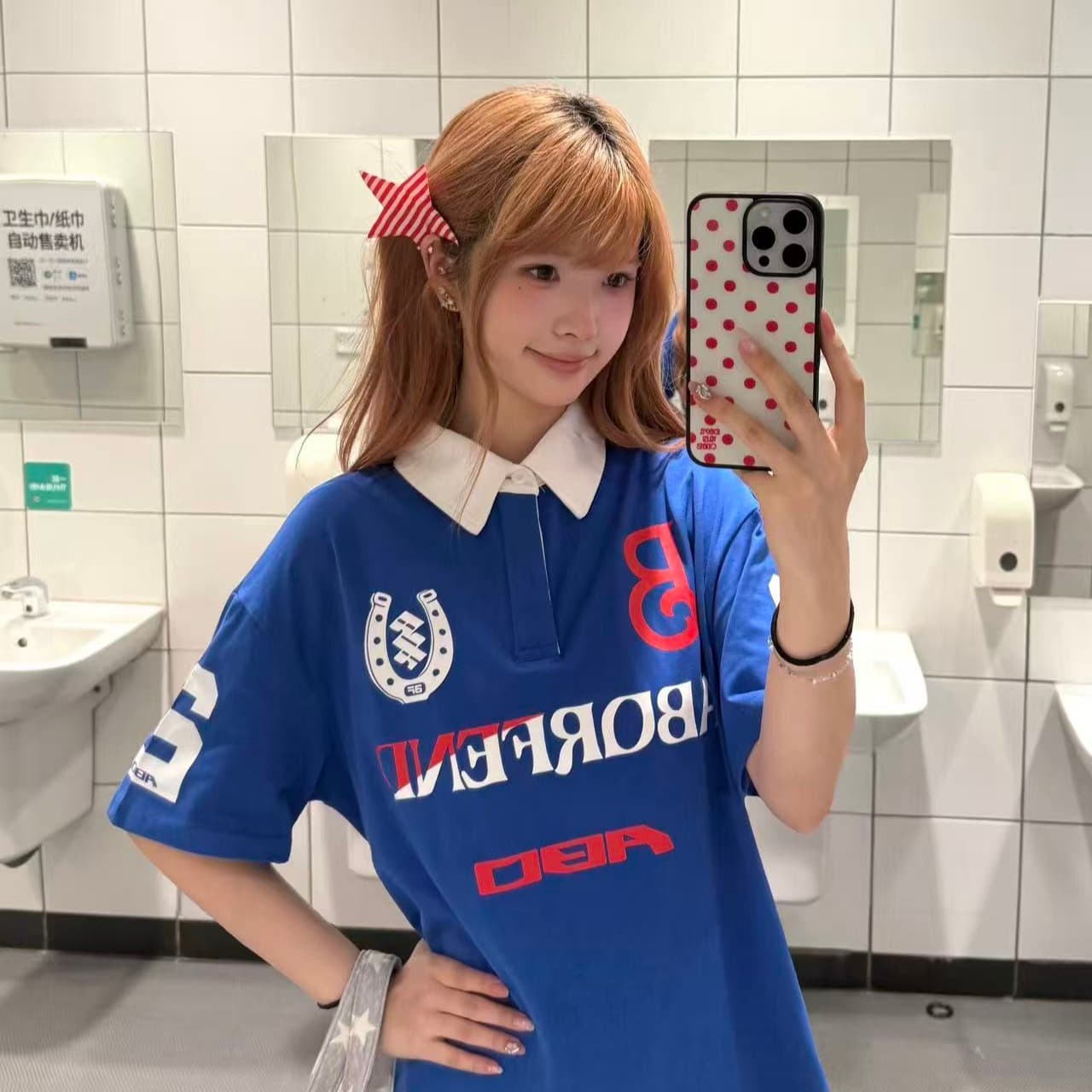 아메리칸 레트로 운동 바람 배색 알파벳 POLO 칼라 반팔 티셔츠 남녀 여름 루즈핏 맨위 이미지 5