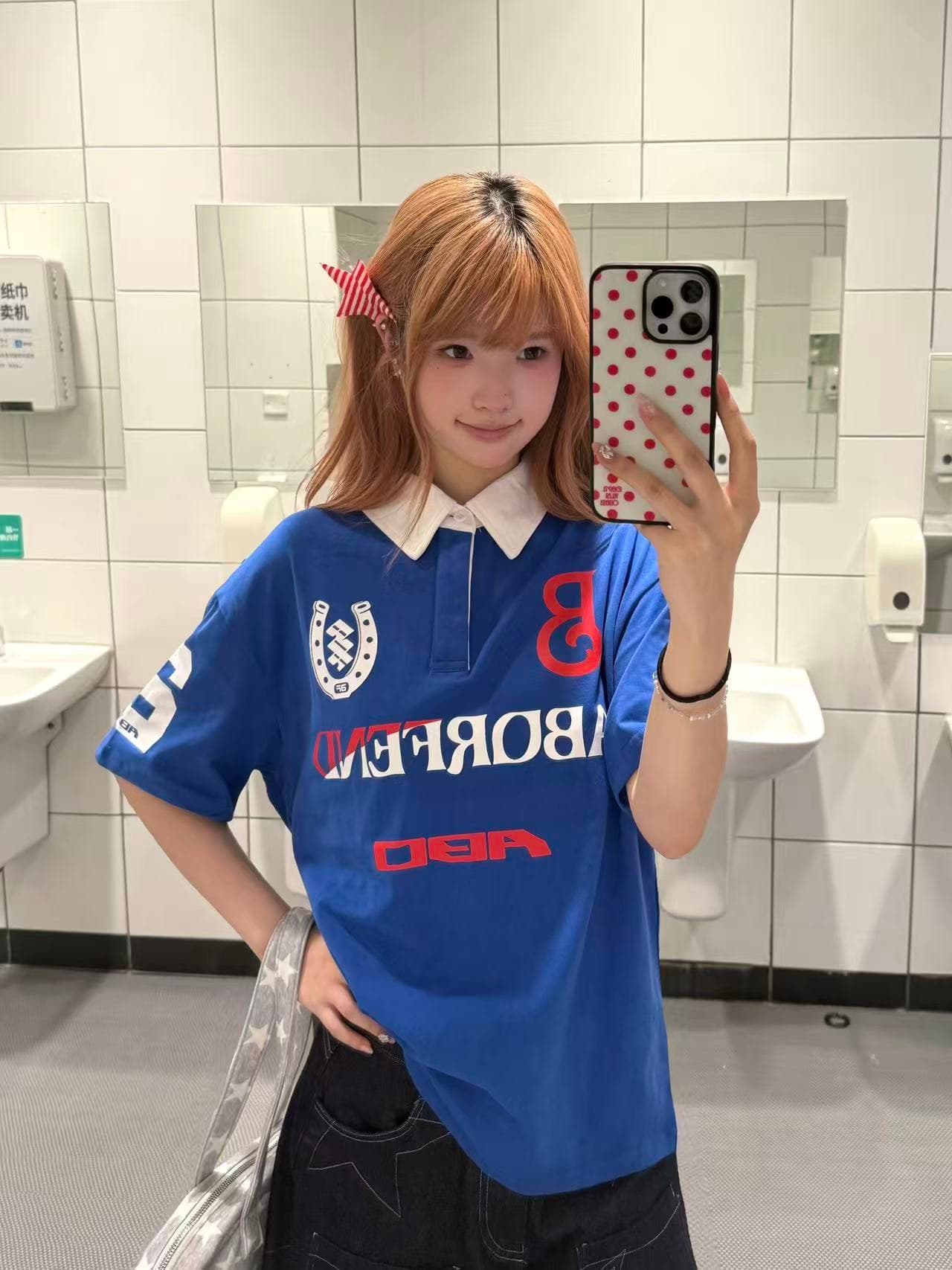 아메리칸 레트로 운동 바람 배색 알파벳 POLO 칼라 반팔 티셔츠 남녀 여름 루즈핏 맨위 상세 이미지 3