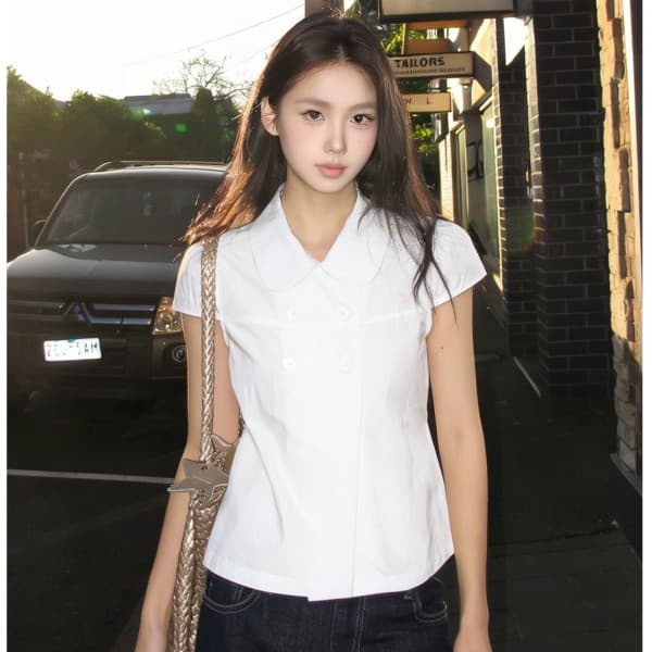 베이비 칼라 셔츠 반팔 여성 여름 디자인 센스 셔츠 작은 셔츠 허리 수축 슬림해 보이는 맨위 트렌디