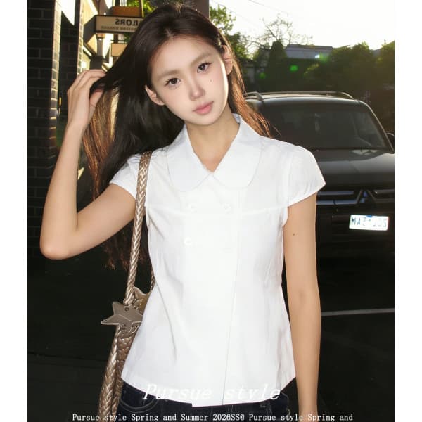 베이비 칼라 셔츠 반팔 여성 여름 디자인 센스 셔츠 작은 셔츠 허리 수축 슬림해 보이는 맨위 트렌디 이미지 3