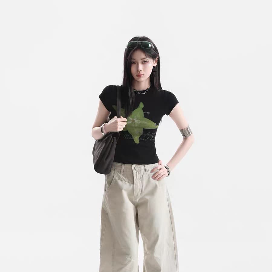 재미있는 카람 볼라 프린트 긍정적 인 어깨 반팔 티셔츠 여성 여름 아메리칸 몸매 가꾸기 슬림해 보이는 맨위 ins 이미지 5