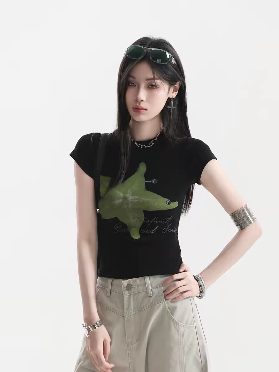 재미있는 카람 볼라 프린트 긍정적 인 어깨 반팔 티셔츠 여성 여름 아메리칸 몸매 가꾸기 슬림해 보이는 맨위 ins 상세 이미지 3