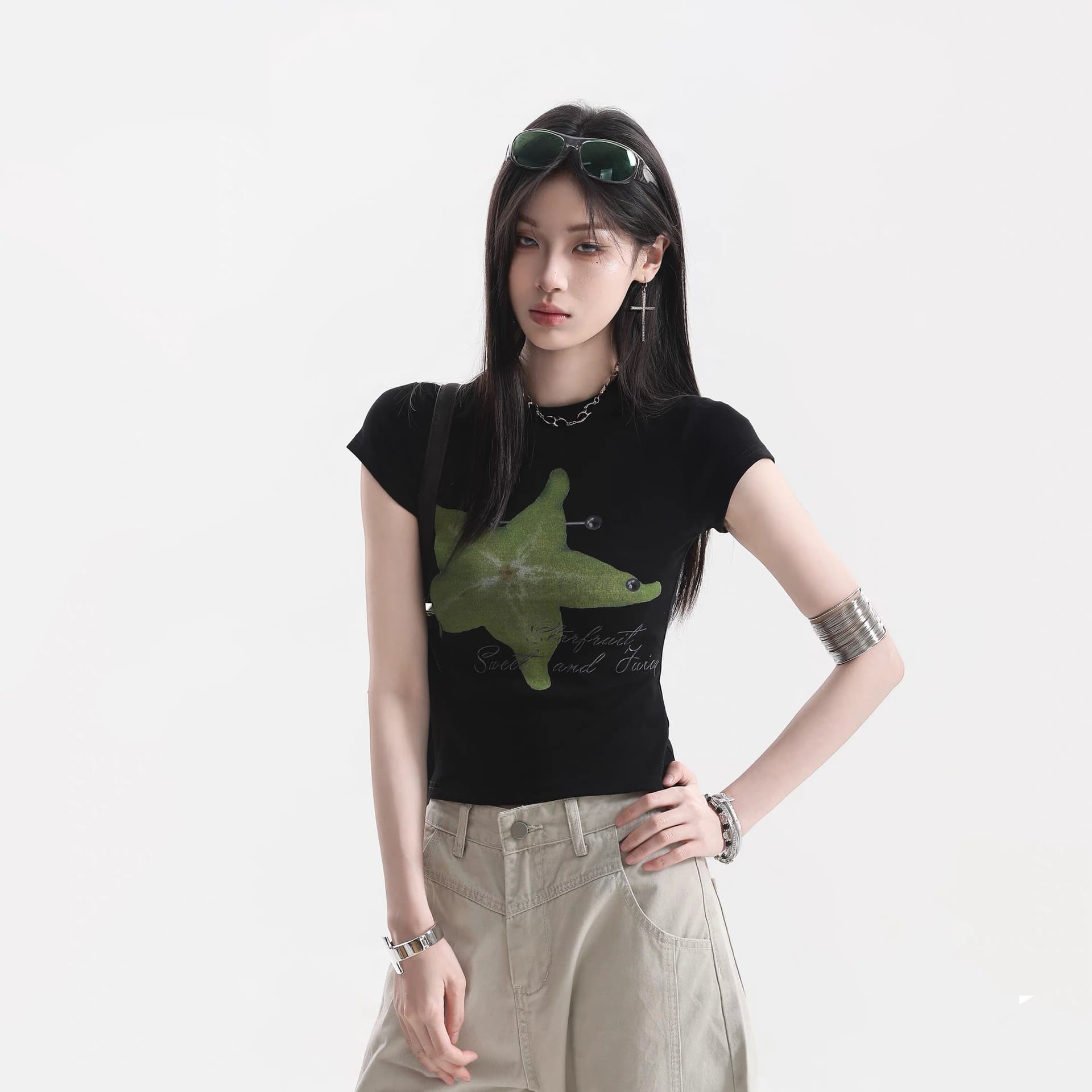 재미있는 카람 볼라 프린트 긍정적 인 어깨 반팔 티셔츠 여성 여름 아메리칸 몸매 가꾸기 슬림해 보이는 맨위 ins 상세 이미지 5
