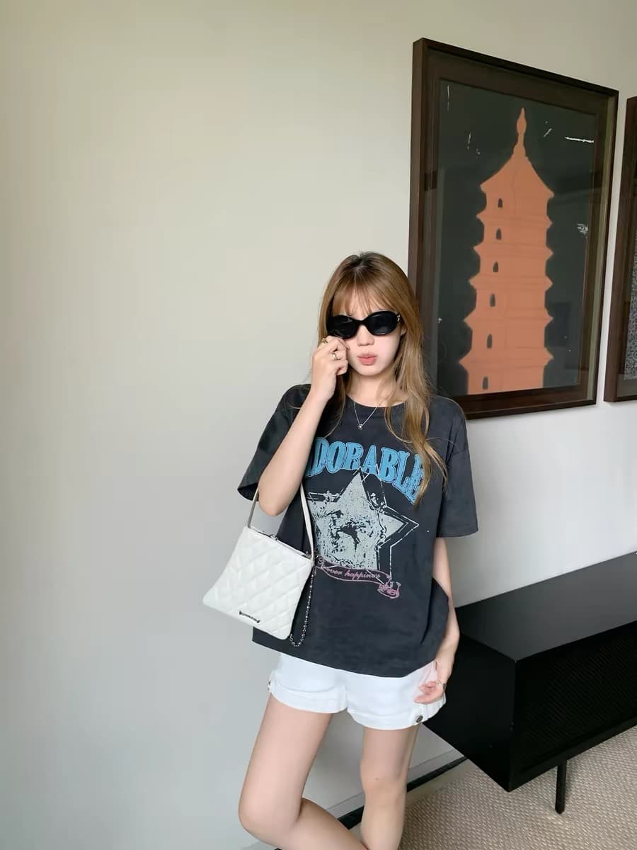 진회색 반팔 티셔츠 여성 여름 새로운 워싱 마 오래된 프린트 라운드 넥 tee 이미지 2