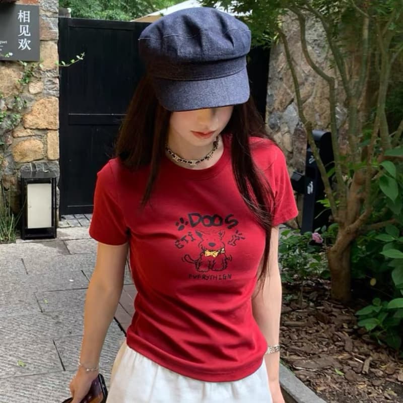빨간색 긍정적 인 어깨 반팔 티셔츠 여성 몸매 가꾸기 재미있는 프린트 허리 수축 슬림해 보이는 맨위 상세 이미지 1