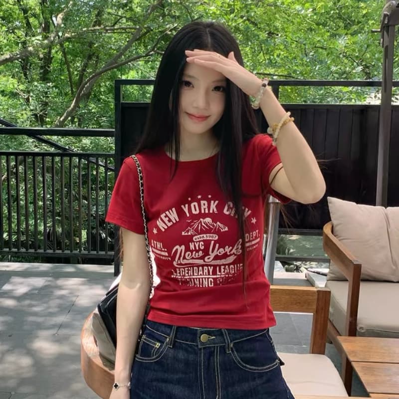 아메리칸 핫걸 바람 빨간색 라운드 넥 반팔 티셔츠 여성 여름 알파벳 프린트 몸매 가꾸기 슬림해 보이는 한 부서 chic 작은 맨위 상세 이미지 1