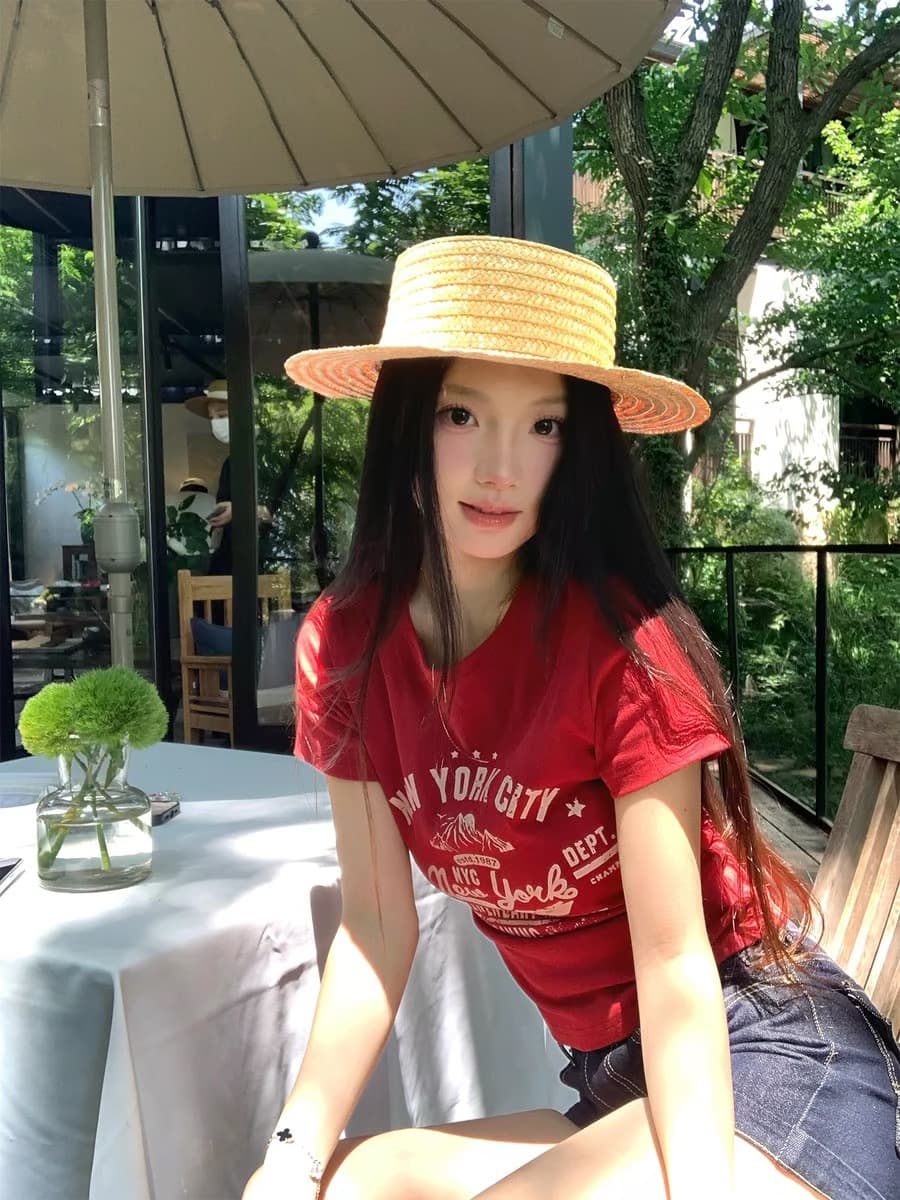 아메리칸 핫걸 바람 빨간색 라운드 넥 반팔 티셔츠 여성 여름 알파벳 프린트 몸매 가꾸기 슬림해 보이는 한 부서 chic 작은 맨위 상세 이미지 3