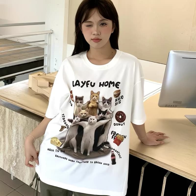 아메리칸 레트로 고양이 프린트 반팔 티셔츠 여성 여름 루즈핏 순면 커플룩 동정
