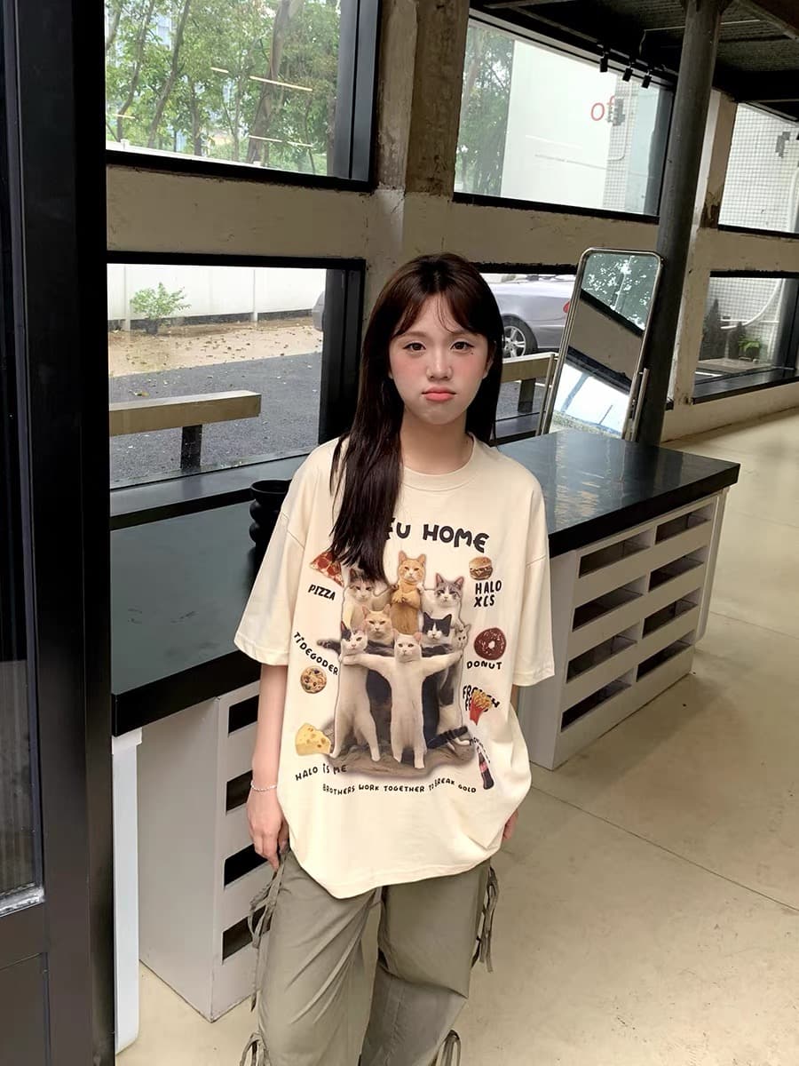 아메리칸 레트로 고양이 프린트 반팔 티셔츠 여성 여름 루즈핏 순면 커플룩 동정 상세 이미지 2