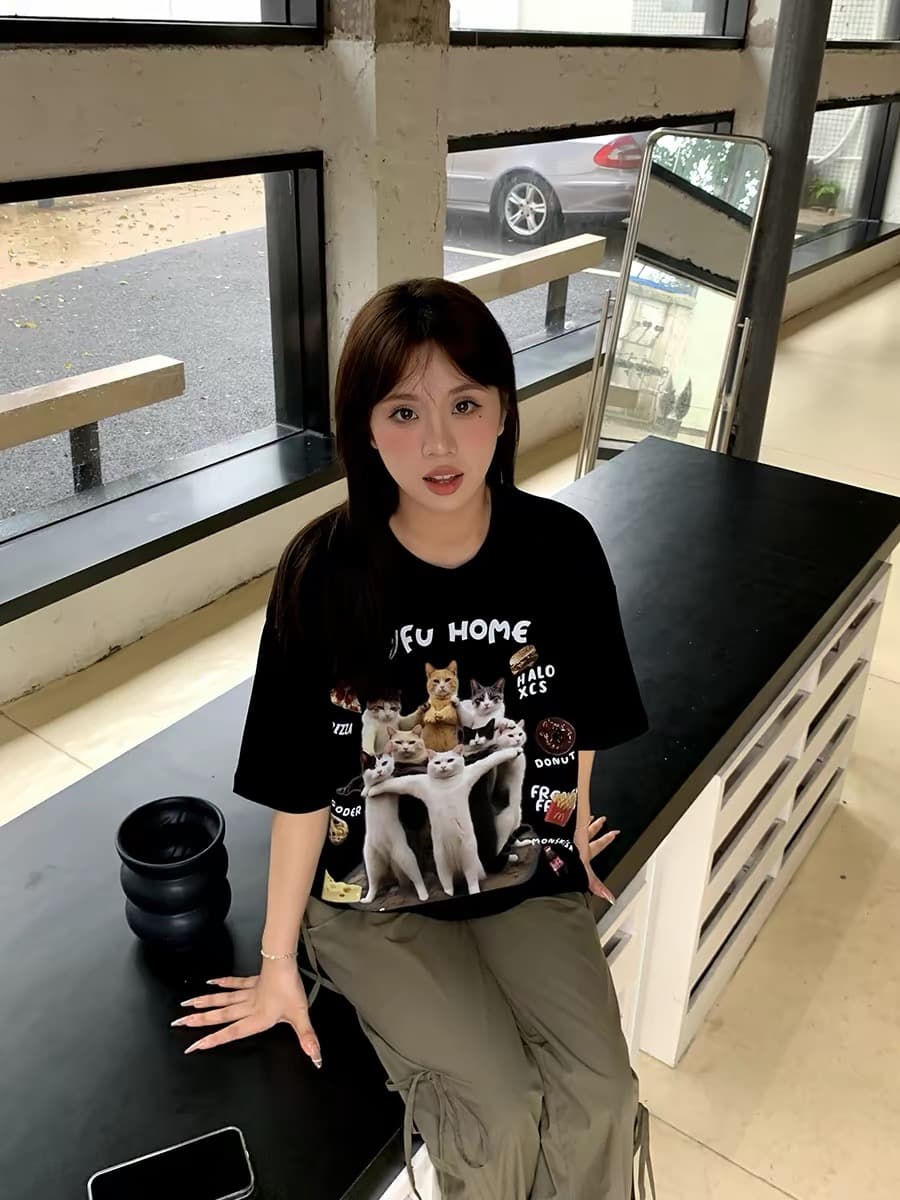 아메리칸 레트로 고양이 프린트 반팔 티셔츠 여성 여름 루즈핏 순면 커플룩 동정 상세 이미지 5