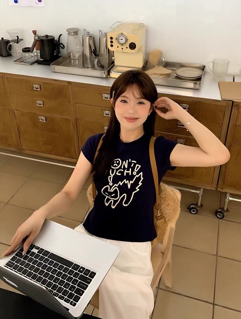 한 부서 낙서 새끼 고양이 반팔 티셔츠 여성 여름 몸매 가꾸기 긍정적 인 어깨 다용도 ins 쇼트 스타일 맨위 상세 이미지 4
