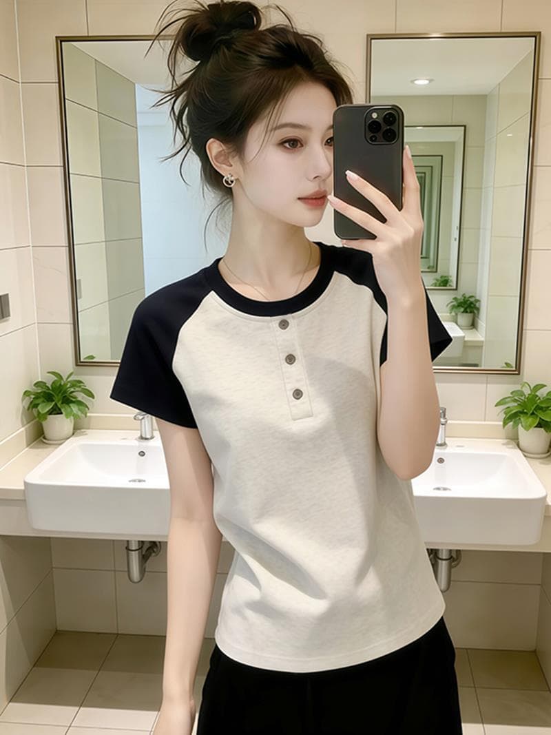 여성 의류 배색 반팔 티셔츠 여름 몸매 가꾸기 슬림해 보이는 패션 다용도 연령 감소 그레이트 봐 의류
